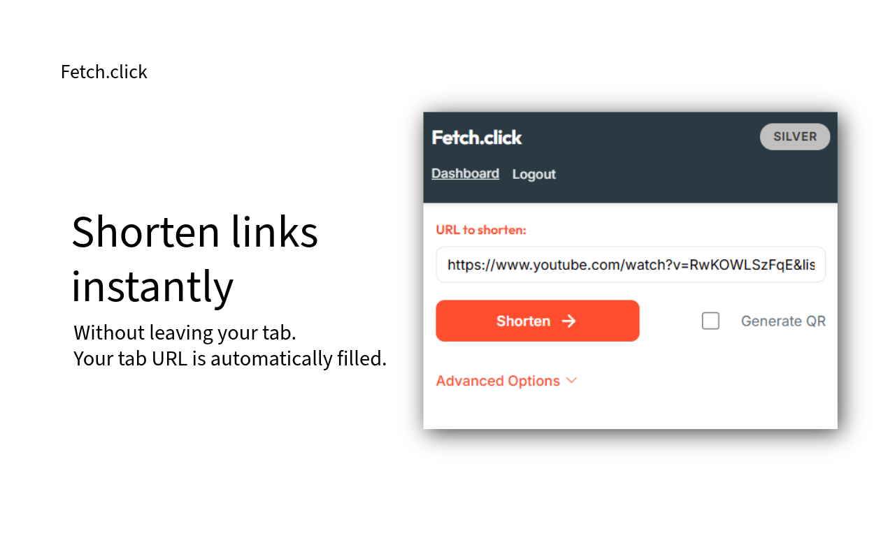 Fetch.click extension popup showing link shortener